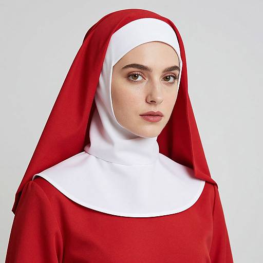 Close-Up of Woman in Red Nun Costume