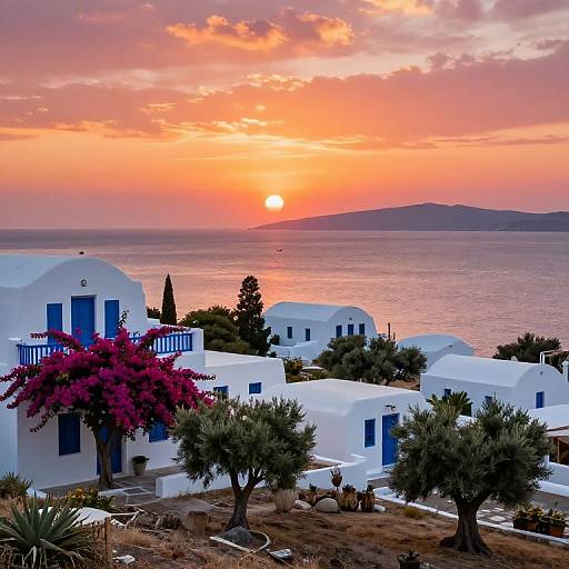 Photograph of a Greek island sunset with vibrant pink bougainvillea, white cubic buildings, olive trees, and a glowing orange sky over the sea