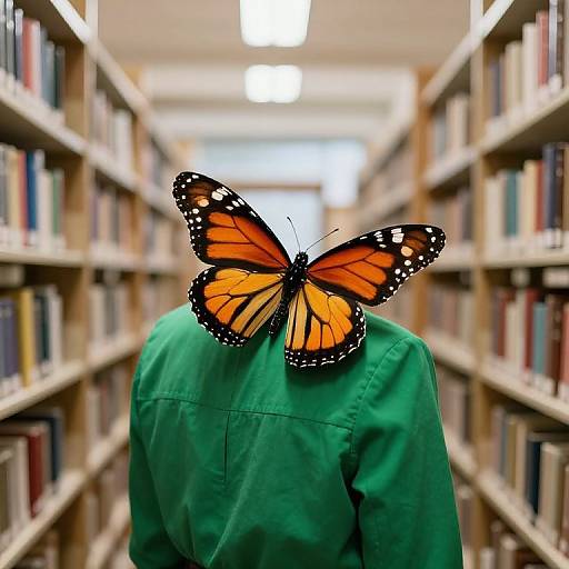 Photograph of a vivid orange and black monarch butterfly perched on the back of a green jacket, standing in a library aisle with tall bookshelves