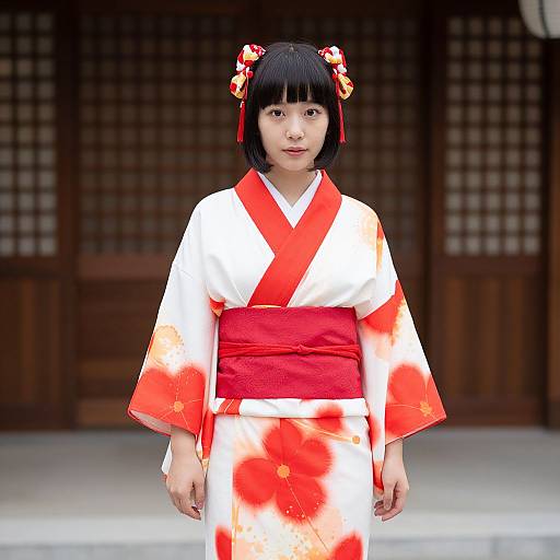 Photograph of an East Asian woman in a white and red floral kimono, black bob haircut with red and white hairpins, standing in front of