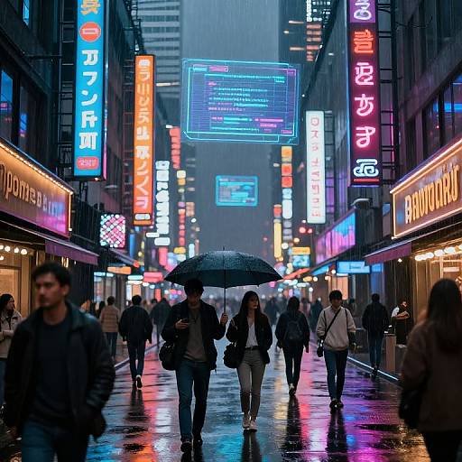 Photograph of a rainy, neon-lit urban street at night, with people walking under colorful signs, holding umbrellas, reflecting on wet pavement.
