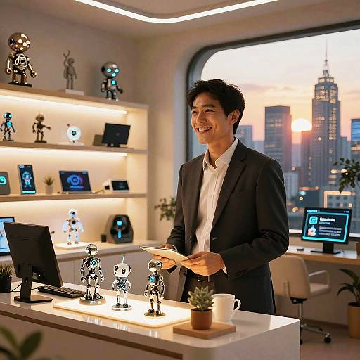 Happy Merchant in Futuristic Virtual Shop