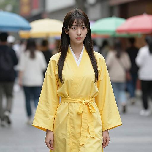 Woman in Yellow Toga on Street