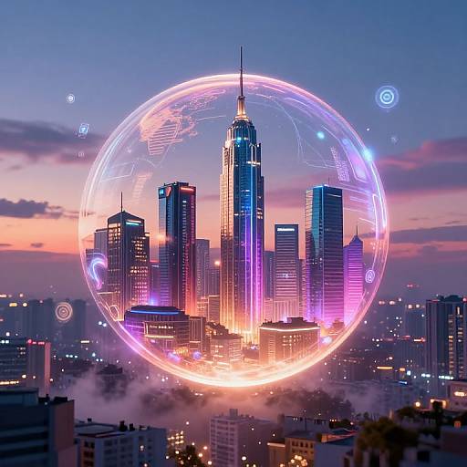Digital artwork of a city skyline at dusk, featuring a glowing, translucent sphere with neon outlines encircling illuminated skyscrapers.