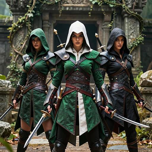 Photograph of three fierce, hooded female warriors in green and black armor, holding swords, standing in front of an ancient, vine-covered stone structure