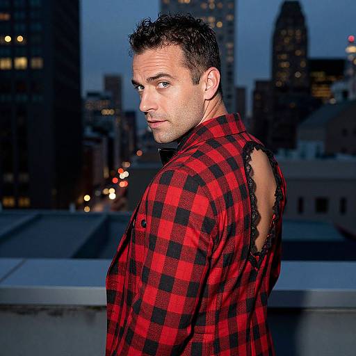 Photograph of a handsome man with short dark hair, wearing a red and black checkered shirt with a torn back, looking over his shoulder at a