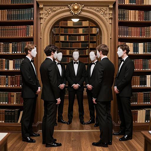 Photograph of six men in black tuxedos, standing in a circular formation in a library with ornate wooden bookshelves, all wearing