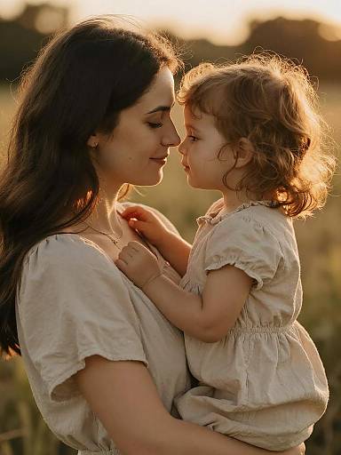 Mother and Daughter Tender Embrace in Golden Hour Light
