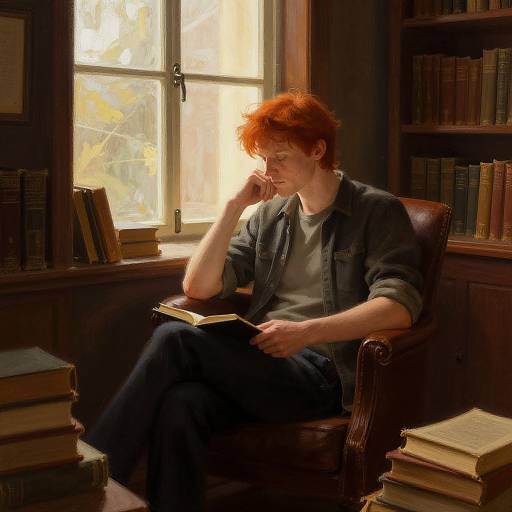 Photograph of a red-haired person with glasses, in a denim jacket, reading a book in a sunlit library, surrounded by stacked books. Warm