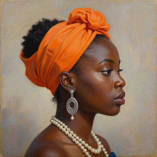 Photorealistic portrait of a dark-skinned African woman with an orange headwrap, pearl necklace, and intricate earrings, looking side profile against a textured