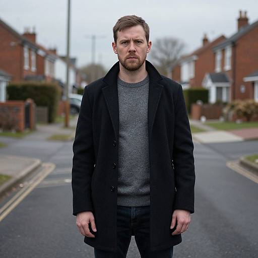 Serious Man Standing on Suburban Street