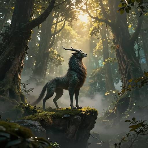 Fantasy digital artwork of a mythical, horned, wolf-like creature standing on a mossy rock in a misty, sunlit forest.