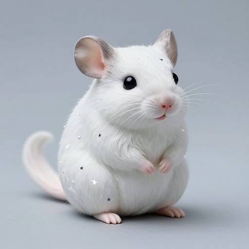 CGI image of a white, fluffy, cute hamster with black eyes, pink nose, and tiny paws, standing against a plain gray background