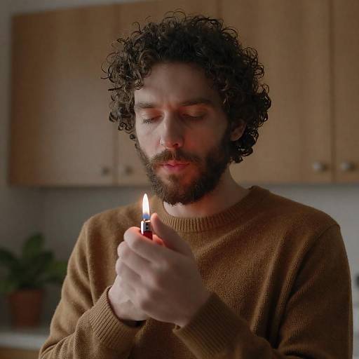 Man with Lighter in Cozy Indoor Setting