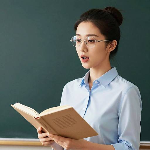 Photograph of an Asian woman with black hair in a bun, wearing glasses and a light blue shirt, reading a book against a green chalkboard background