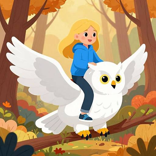 Cartoon-style image of a blonde girl in a blue hoodie riding a white owl through an autumn forest with colorful leaves.