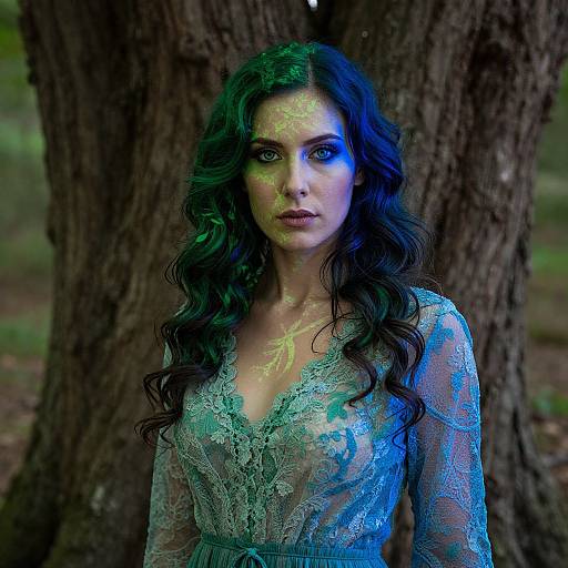 Photograph of a woman with glowing green and blue face paint, long dark wavy hair, lace blue dress, standing against tree trunk in forest.
