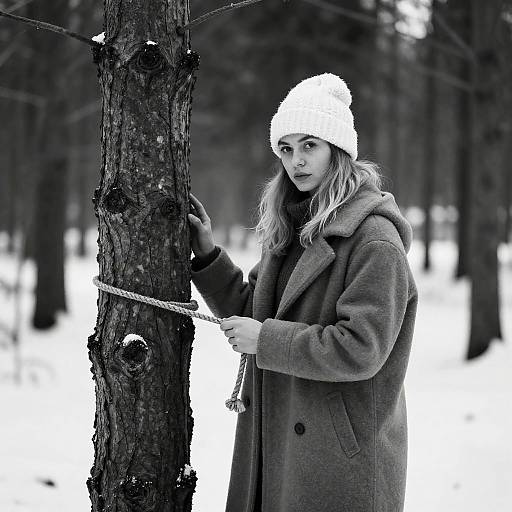 Young Woman in Snowy Forest with Rope