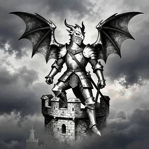 Monochromatic digital drawing of a muscular, armored, winged dragon warrior standing on a stone tower in a cloudy, stormy sky.