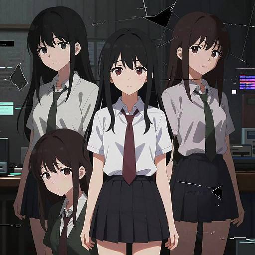 Digital anime-style drawing of five identical black-haired girls in white shirts, black skirts, and red ties, standing in a dimly lit, tech-filled