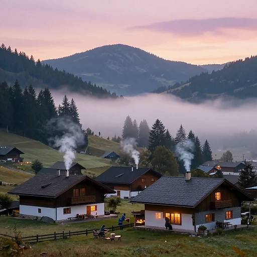 Photograph of a serene alpine village at dawn, featuring smoke rising from wooden houses, mist-covered hills, and a pink-orange sky.