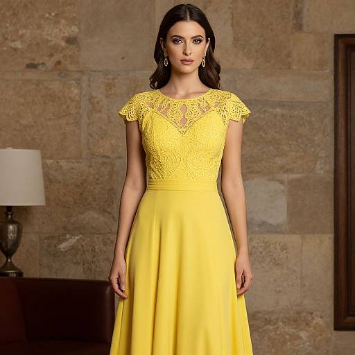 Photograph of a woman with dark hair in a yellow lace-trimmed dress and flowing skirt, standing in a stone-walled room.