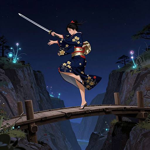 Digital anime-style artwork: A samurai woman in a black floral kimono, holding a sword, leaps on a wooden bridge between rocky cliffs at night