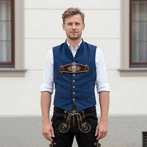Photograph of a handsome, fair-skinned man with short, light brown hair, wearing a blue vest over a white shirt, black pants with gold