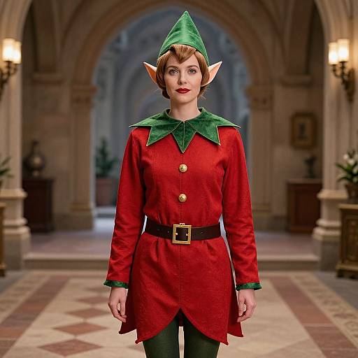 Photograph of a woman with short brown hair, elf ears, green hat, red Christmas elf outfit, black belt, standing in a grand, ar