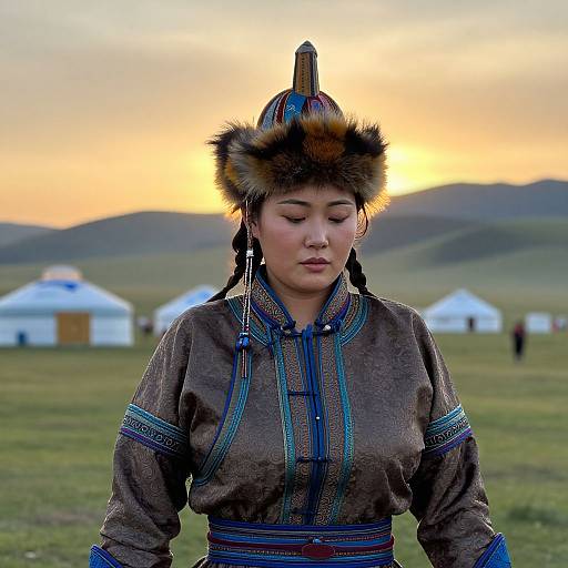 Photograph of an Asian woman in traditional Mongolian attire with fur hat, blue embroidery, standing in grassy field at sunset, white yurts