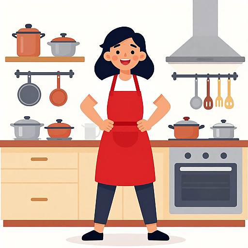 Cartoon-style illustration of a happy Asian woman with black hair, wearing a red apron, standing in a bright kitchen with various pots, pans,