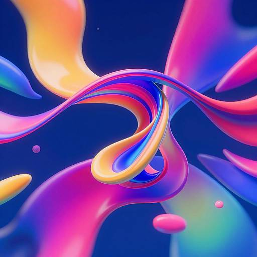 Abstract digital artwork featuring vibrant, swirling, neon-colored ribbons in pink, blue, yellow, and orange, set against a deep blue background.
