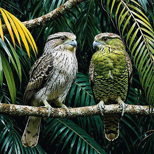 Two Camouflaged Birds perching in Tropical Rainforest