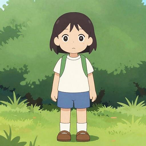 Digital anime-style drawing of a young boy with short black hair, wearing a white shirt, blue shorts, green backpack, white socks, and brown shoes
