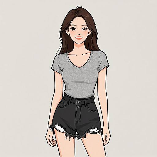 Digital illustration of a smiling young Asian woman with long dark hair, wearing a gray V-neck tee and black high-waisted frayed shorts, standing