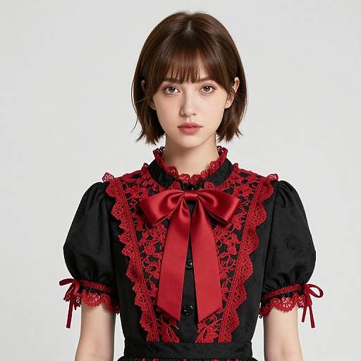 Photograph of a young Asian woman with short brown hair, wearing a black lace-trimmed dress with red ribbon bow and accents, against a plain