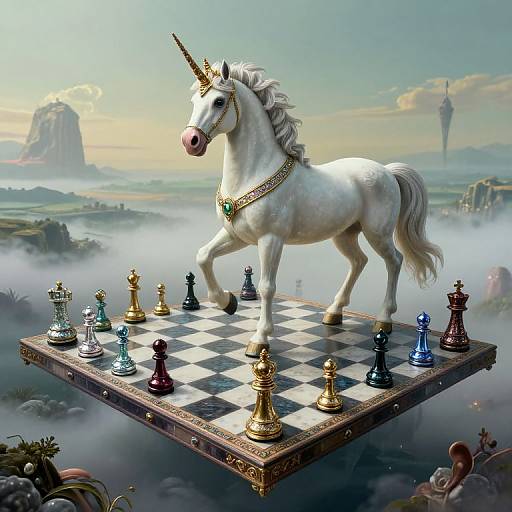 Photorealistic CGI of a white unicorn with a golden horn and jeweled necklace, standing on a floating chessboard with colorful pieces, set against a