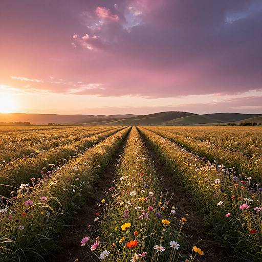 Photograph of a vibrant meadow at sunset, with rows of colorful wildflowers leading to rolling hills under a dramatic pink and purple sky.