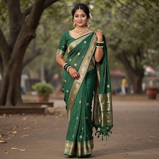 Photograph of a beautiful Indian woman in a green and gold traditional saree, standing confidently on a tree-lined path, adorned with jewelry and a bind