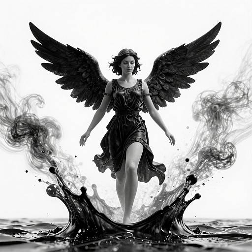 Black-and-white digital art of a winged woman in a flowing dress, splashing water, with dramatic smoke effects around her.