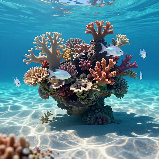 Photograph of vibrant underwater coral reef with colorful corals, small white fish, and clear blue water, sunlight filtering through.