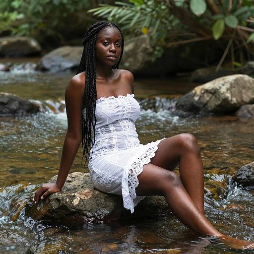 Photograph of a dark-skinned woman with long braids, wearing a white lace strapless dress, sitting on a rock in a flowing forest stream