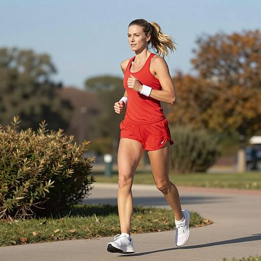 Woman Jogging in Red Athletic Outfit