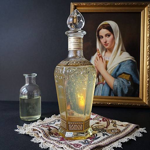 Photograph of ornate glass liquor bottle with glowing light, on lace doily, beside small glass flask, with framed portrait of veiled woman in