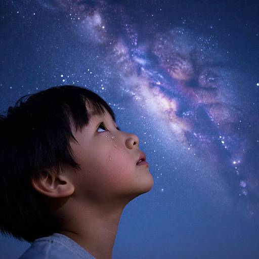 Child's Tearful Gaze at Starry Sky