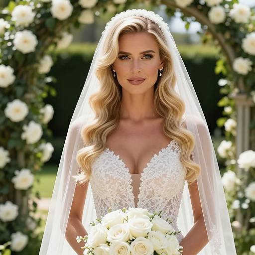 Photograph of a beautiful blonde bride with long, wavy hair, wearing a white lace, deep V-neck wedding dress, and veil, holding a