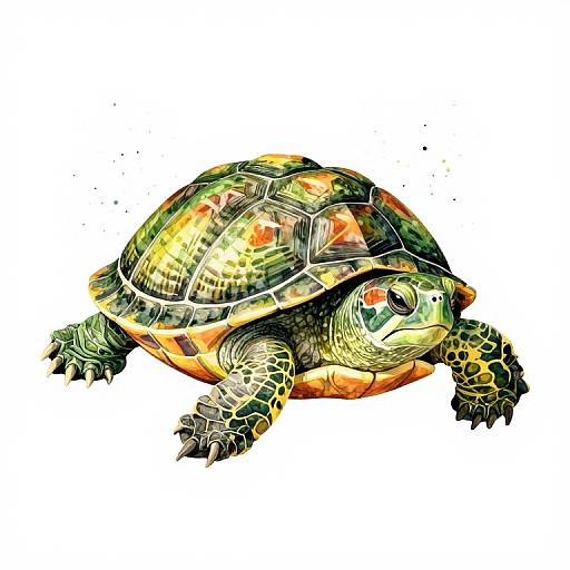 Colorful digital illustration of a detailed turtle with green, yellow, and orange patterned shell and textured, green, and brown skin.