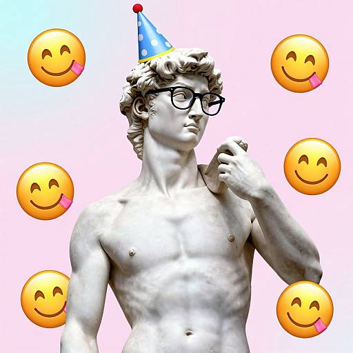 Digital image of a shirtless, classical-style statue wearing a blue party hat and black glasses, surrounded by six yellow smiling emoji faces.
