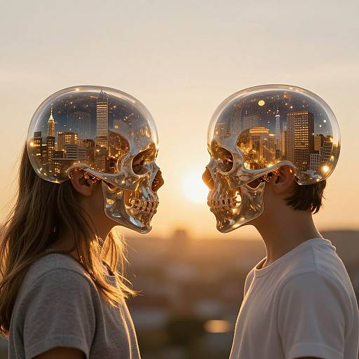 Photograph of a woman and man at sunset, both wearing transparent skull helmets reflecting a cityscape, facing each other.