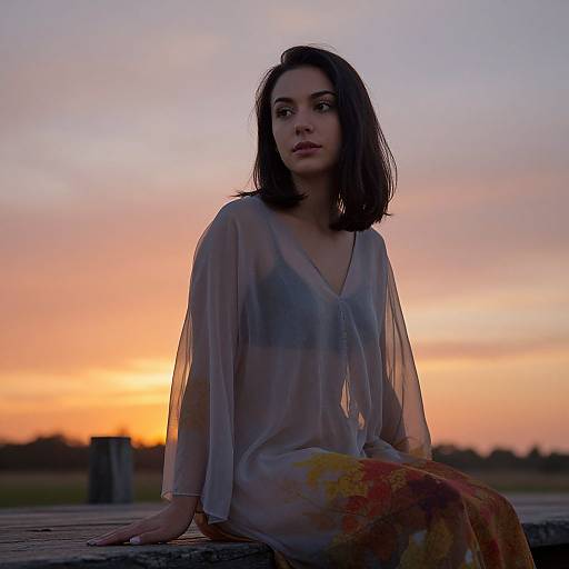 Photograph of a young woman with medium-length dark brown hair, wearing a sheer, light blue V-neck blouse and colorful skirt, sitting on a wooden